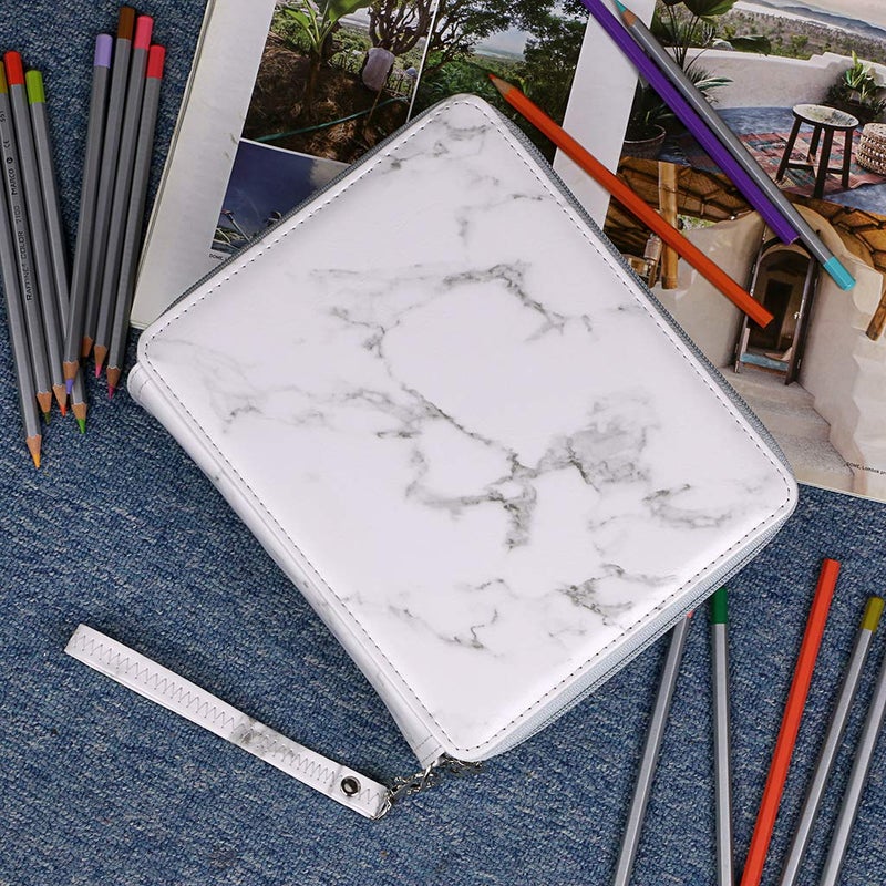 BTSKY Deluxe PU Leather Pencil Case For Colored Pencils - 120 Slot Pencil Holder with Handle Strap Handy Colored Pencil Box Large(White Marble) - Image 5